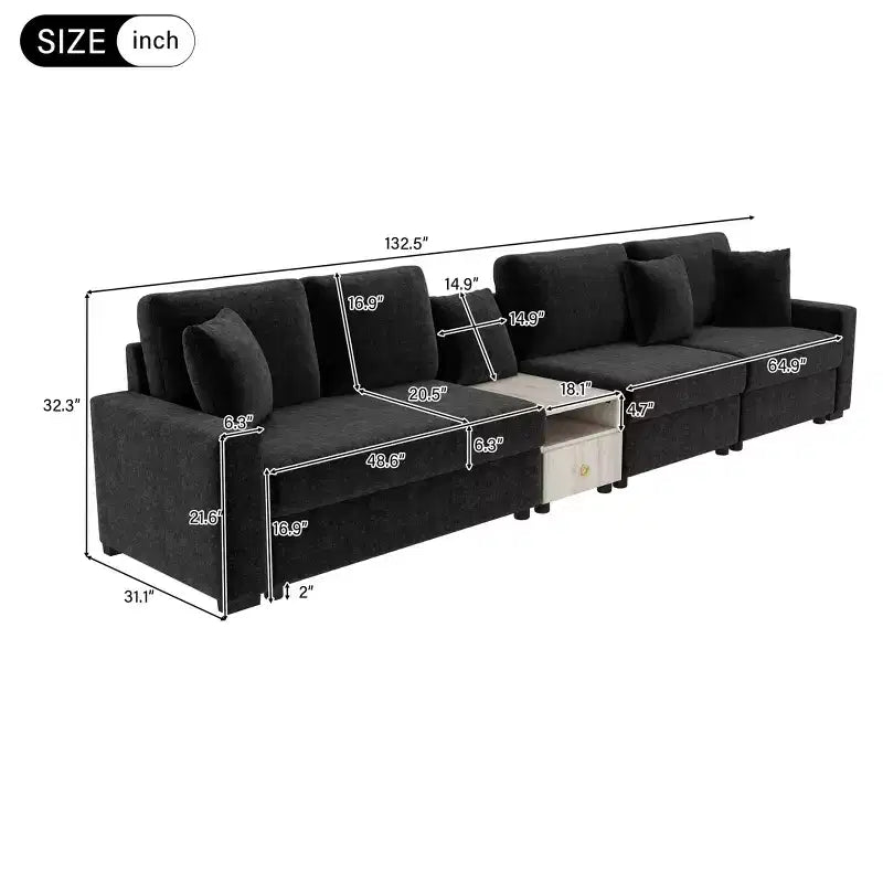 Sofá Seccional Moderno de Chenilla de 336.5 cm con Consola, Reposabrazos de Almacenamiento y Cojines Esponjosos para 4 Asientos