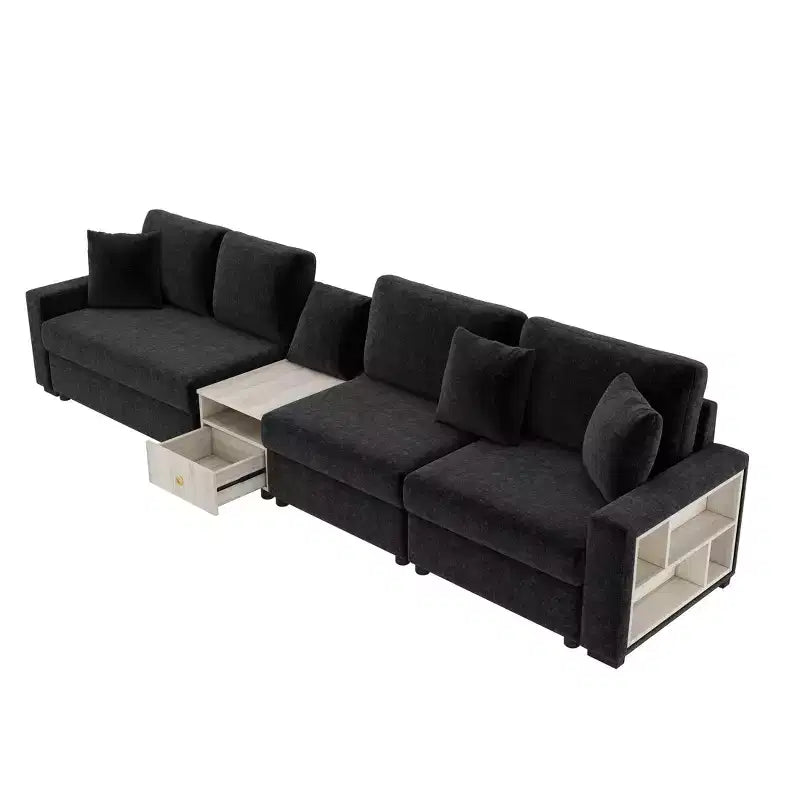 Sofá Seccional Moderno de Chenilla de 336.5 cm con Consola, Reposabrazos de Almacenamiento y Cojines Esponjosos para 4 Asientos