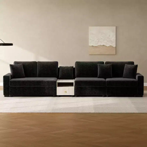 Christopher Knight Home Dirae 132.5'' Modern 4-Seater Chenille Upholstered Sectional Sofa with Console, Storage Armrest and Pillows