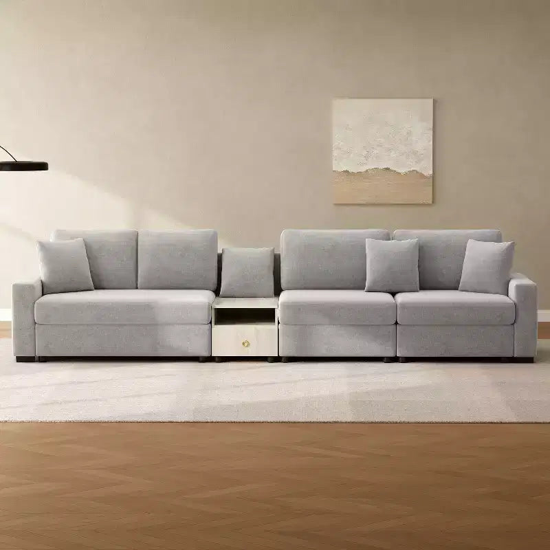Sofá Seccional Moderno de Chenilla de 336.5 cm con Consola, Reposabrazos de Almacenamiento y Cojines Esponjosos para 4 Asientos