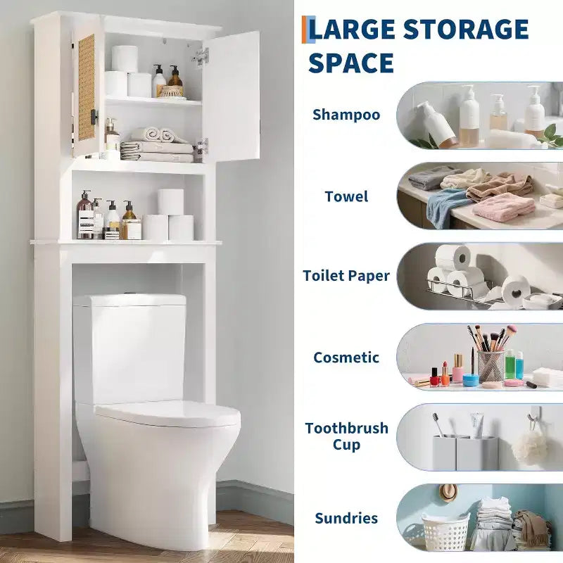 Armario de Almacenamiento para Inodoro Estilo Rústico Blanco con Puertas de Ratán Natural, Estante Ajustable, Organizador de Baño Versátil