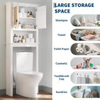 Armario de Almacenamiento para Inodoro Estilo Rústico Blanco con Puertas de Ratán Natural, Estante Ajustable, Organizador de Baño Versátil