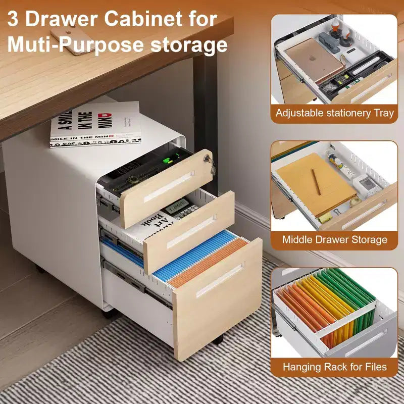 Archivador de 3 cajones con cerradura, armario metálico móvil vertical, archivador bajo escritorio con ruedas, apto para archivos de tamaño carta/A4/legal