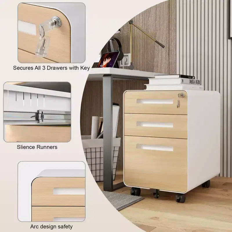 Archivador de 3 cajones con cerradura, armario metálico móvil vertical, archivador bajo escritorio con ruedas, apto para archivos de tamaño carta/A4/legal
