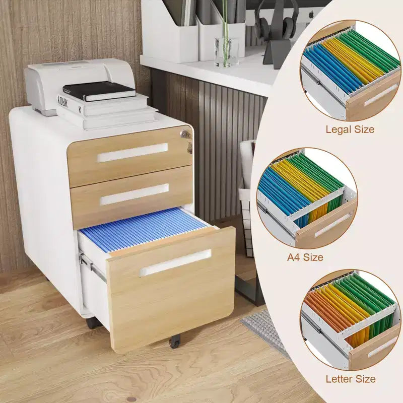 Archivador de 3 cajones con cerradura, armario metálico móvil vertical, archivador bajo escritorio con ruedas, apto para archivos de tamaño carta/A4/legal