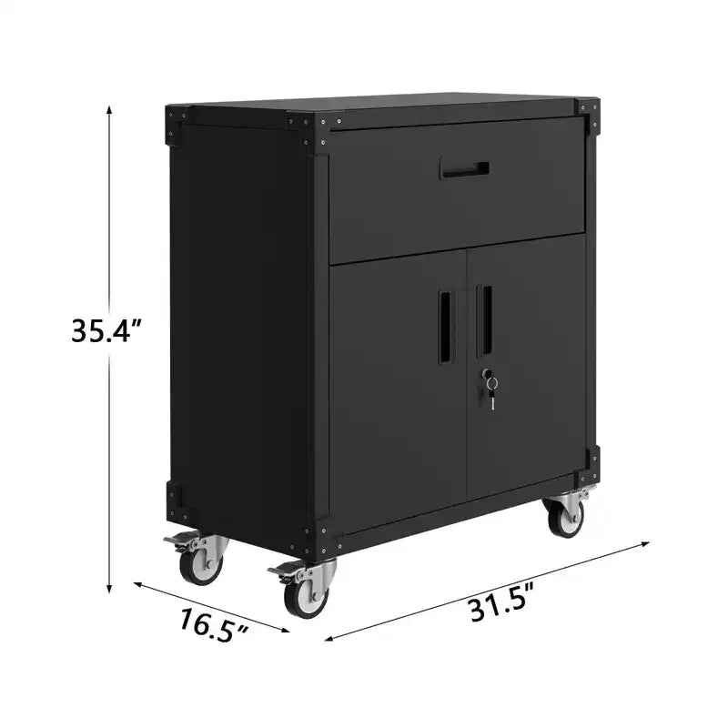 Armario metálico rodante de 35,4" con cajón, cerradura, 4 ruedas, armario para herramientas de alta resistencia resistente a la corrosión para garaje, almacén, oficina