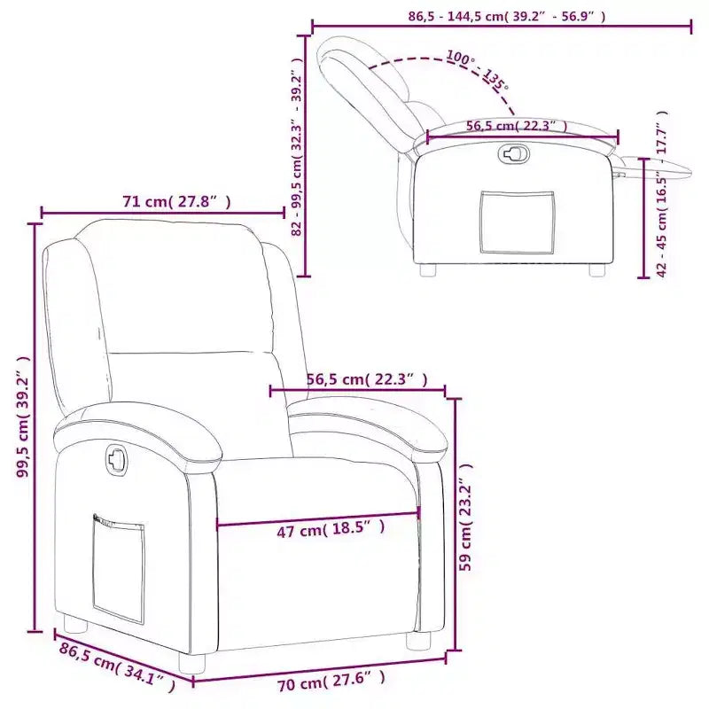 Sillón reclinable orejero ajustable, tela de poliéster gris oscuro, reclinación de 135°, cine en casa