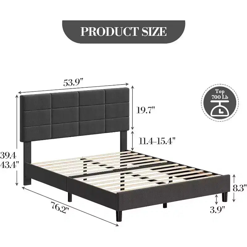 Cama de plataforma totalmente tapizada con cabecero ajustable. Soporte de láminas de madera resistente, sin ruidos, no necesita somier y es de fácil montaje.