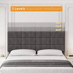 Cama de plataforma totalmente tapizada con cabecero ajustable. Soporte de láminas de madera resistente, sin ruidos, no necesita somier y es de fácil montaje.
