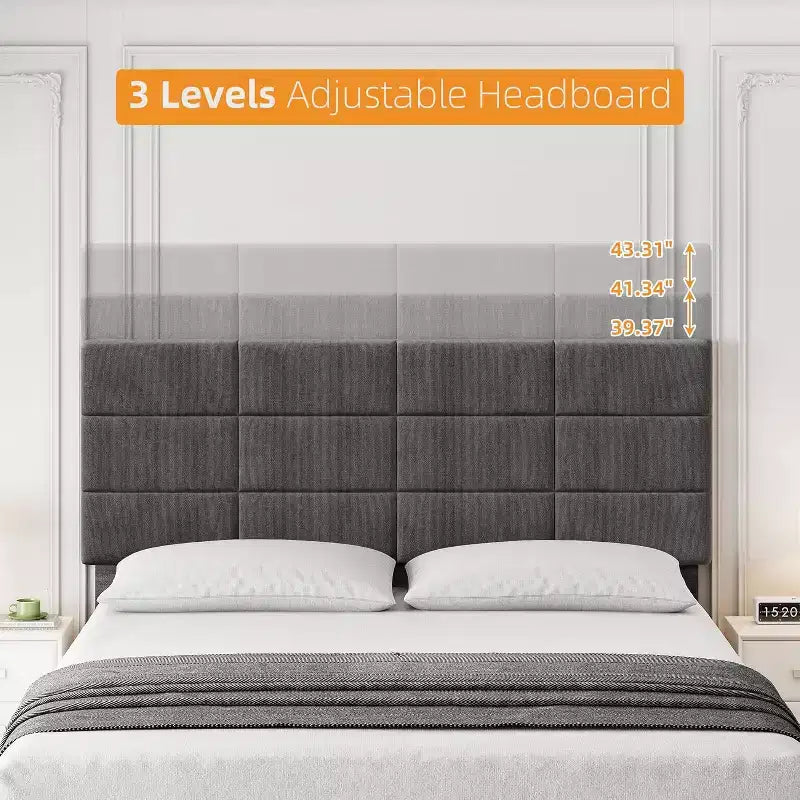 Cama de plataforma totalmente tapizada con cabecero ajustable. Soporte de láminas de madera resistente, sin ruidos, no necesita somier y es de fácil montaje.