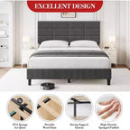Cama de plataforma totalmente tapizada con cabecero ajustable. Soporte de láminas de madera resistente, sin ruidos, no necesita somier y es de fácil montaje.