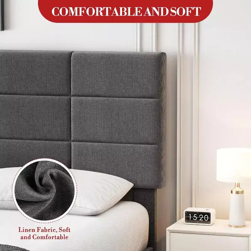 Cama de plataforma totalmente tapizada con cabecero ajustable. Soporte de láminas de madera resistente, sin ruidos, no necesita somier y es de fácil montaje.