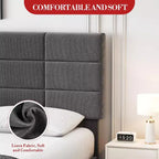 Cama de plataforma totalmente tapizada con cabecero ajustable. Soporte de láminas de madera resistente, sin ruidos, no necesita somier y es de fácil montaje.
