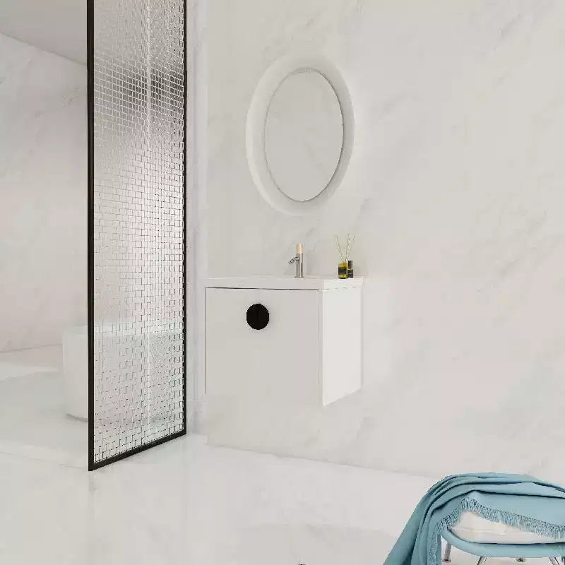 Mueble de baño suspendido con lavabo, cajones de almacenamiento, mueble de tocador flotante de contrachapado, armario de baño de pared blanco brillante
