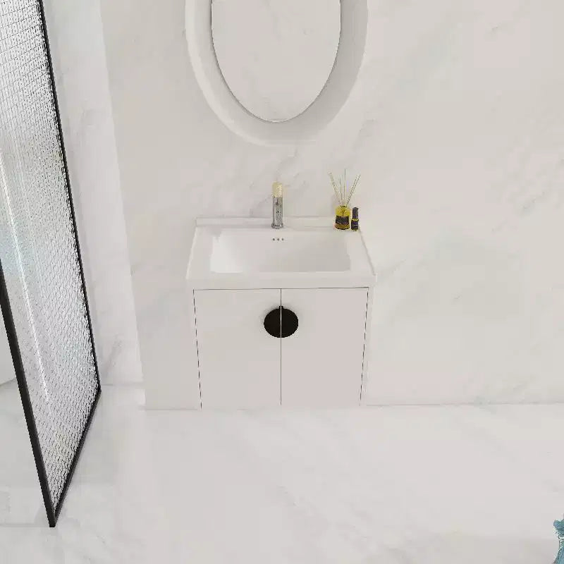Mueble de baño suspendido con lavabo, cajones de almacenamiento, mueble de tocador flotante de contrachapado, armario de baño de pared blanco brillante