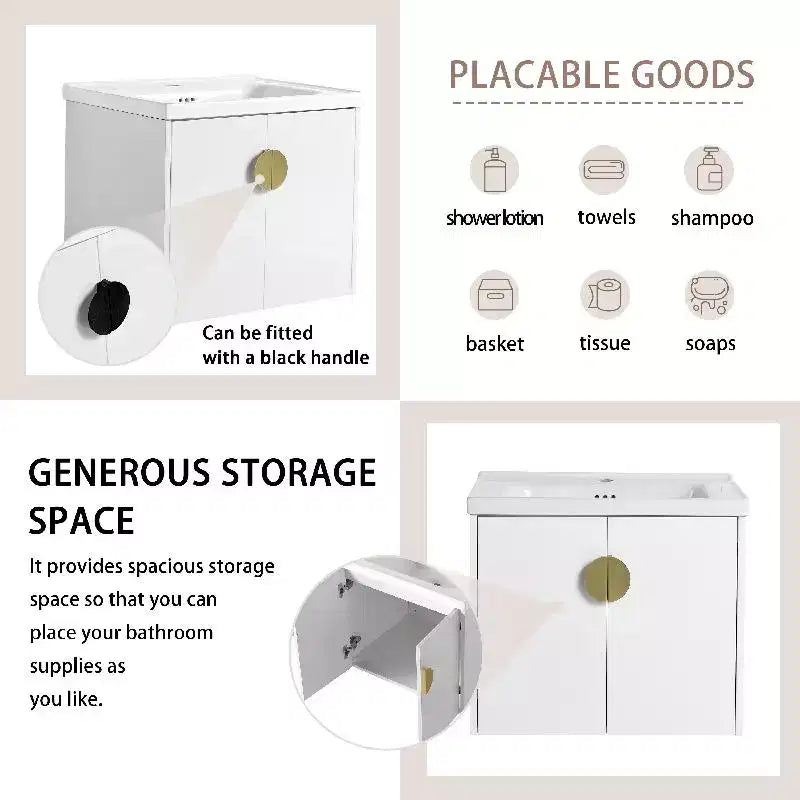 Mueble de baño suspendido con lavabo, cajones de almacenamiento, mueble de tocador flotante de contrachapado, armario de baño de pared blanco brillante