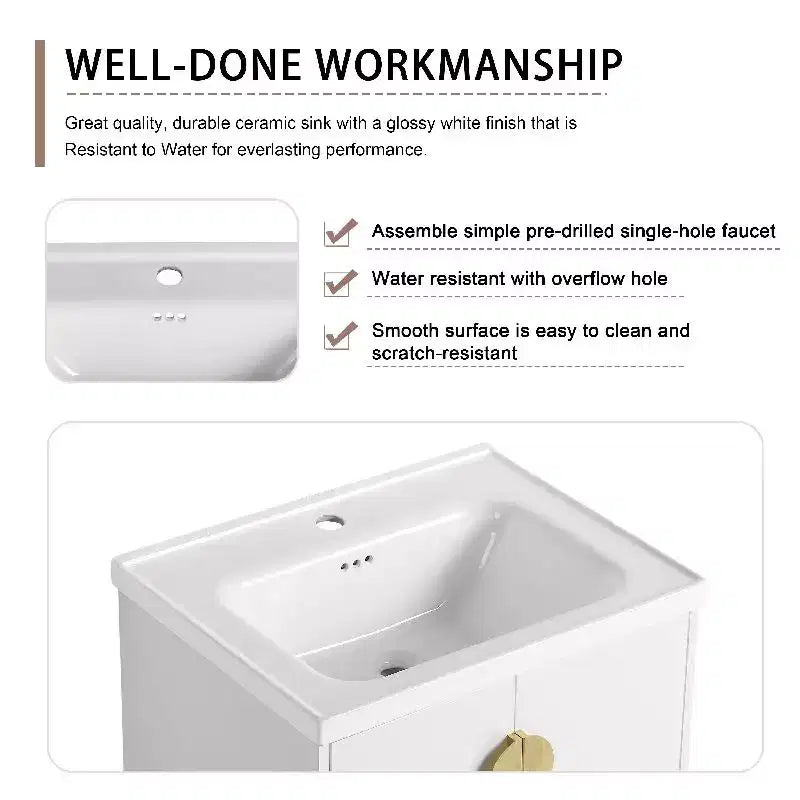 Mueble de baño suspendido con lavabo, cajones de almacenamiento, mueble de tocador flotante de contrachapado, armario de baño de pared blanco brillante
