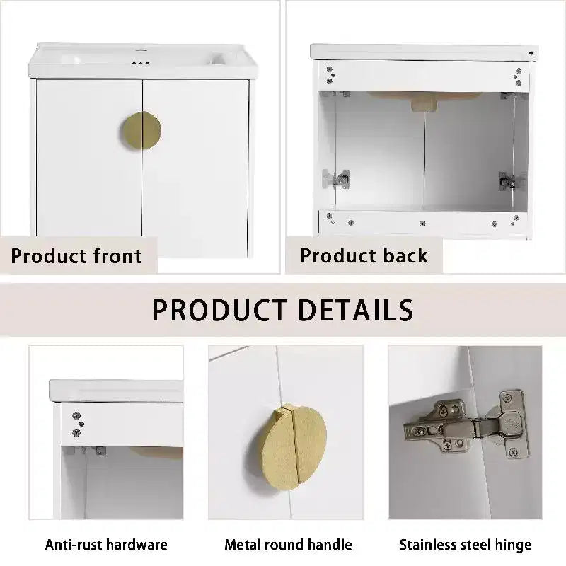 Mueble de baño suspendido con lavabo, cajones de almacenamiento, mueble de tocador flotante de contrachapado, armario de baño de pared blanco brillante