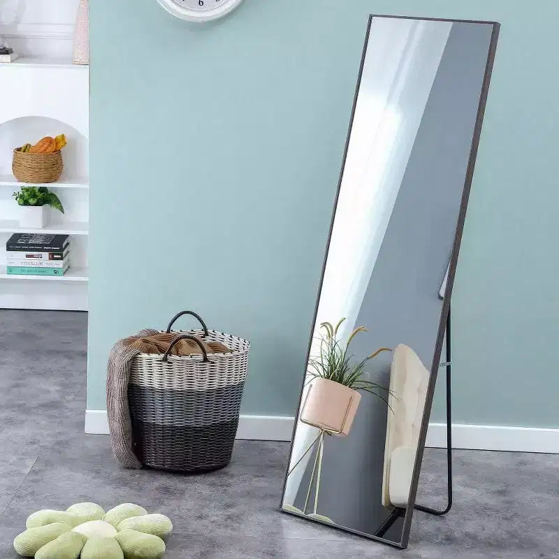 Espejo rectangular de cuerpo entero de 58x15", espejo de cuerpo entero con marco de madera maciza para dormitorio o guardarropa, gris