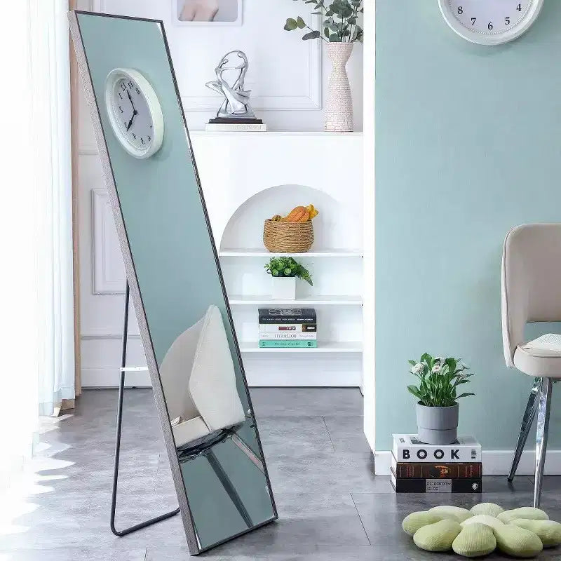 Espejo rectangular de cuerpo entero de 58x15", espejo de cuerpo entero con marco de madera maciza para dormitorio o guardarropa, gris
