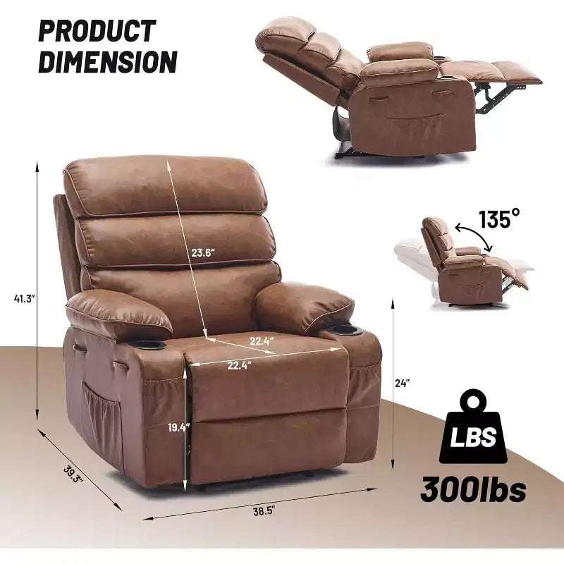 Sillón reclinable manual extra ancho con masaje y calor, sillón deslizante de cuero sintético con portavasos para sala de estar, negro/marrón/marrón oscuro