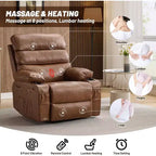 Sillón reclinable manual extra ancho con masaje y calor, sillón deslizante de cuero sintético con portavasos para sala de estar, negro/marrón/marrón oscuro