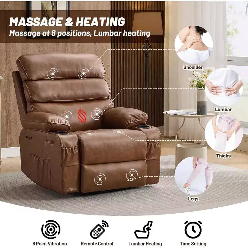 Sillón reclinable manual extra ancho con masaje y calor, sillón deslizante de cuero sintético con portavasos para sala de estar, negro/marrón/marrón oscuro