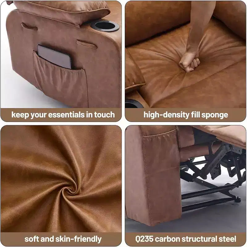 Sillón reclinable manual extra ancho con masaje y calor, sillón deslizante de cuero sintético con portavasos para sala de estar, negro/marrón/marrón oscuro