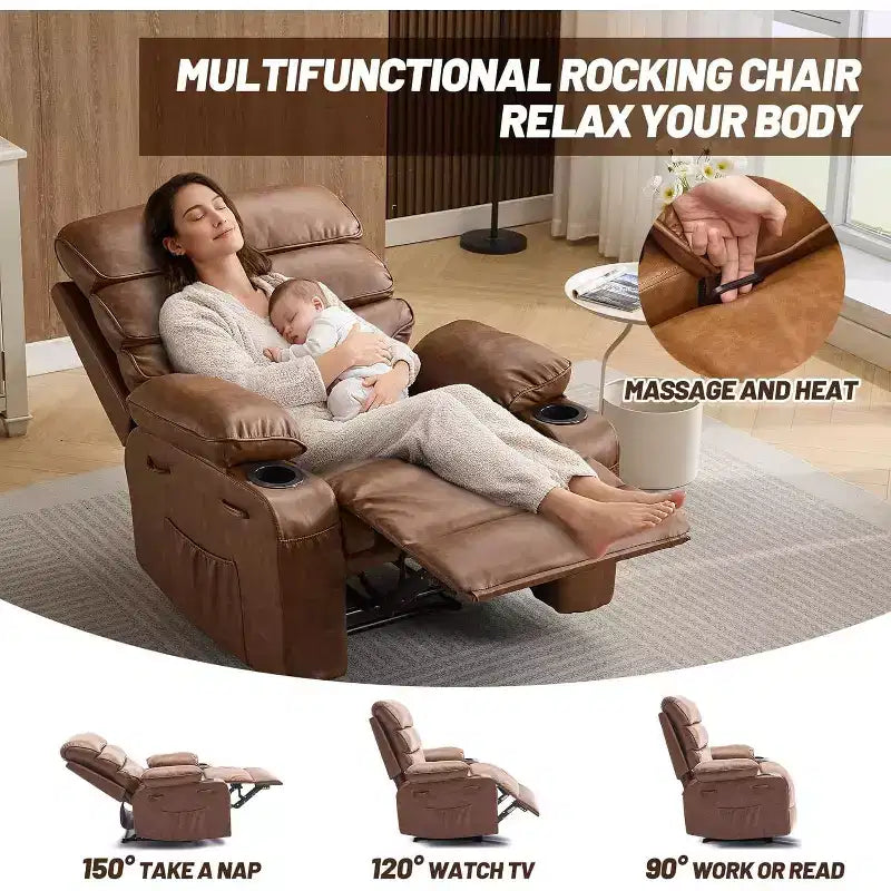 Sillón reclinable manual extra ancho con masaje y calor, sillón deslizante de cuero sintético con portavasos para sala de estar, negro/marrón/marrón oscuro