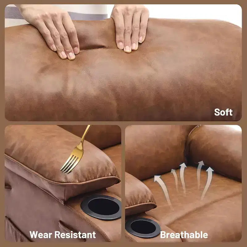 Sillón reclinable manual extra ancho con masaje y calor, sillón deslizante de cuero sintético con portavasos para sala de estar, negro/marrón/marrón oscuro