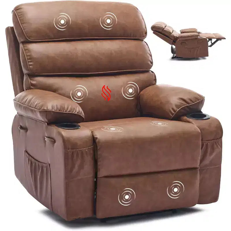 Sillón reclinable manual extra ancho con masaje y calor, sillón deslizante de cuero sintético con portavasos para sala de estar, negro/marrón/marrón oscuro