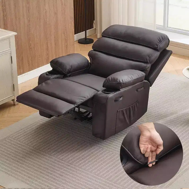 Sillón reclinable manual extra ancho con masaje y calor, sillón deslizante de cuero sintético con portavasos para sala de estar, negro/marrón/marrón oscuro