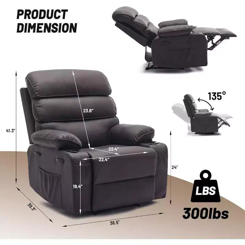 Sillón reclinable manual extra ancho con masaje y calor, sillón deslizante de cuero sintético con portavasos para sala de estar, negro/marrón/marrón oscuro