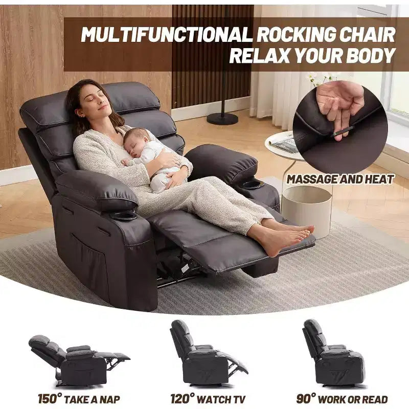 Sillón reclinable manual extra ancho con masaje y calor, sillón deslizante de cuero sintético con portavasos para sala de estar, negro/marrón/marrón oscuro