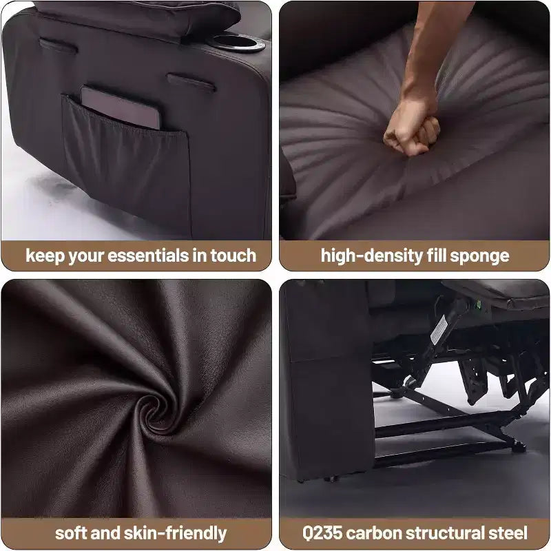 Sillón reclinable manual extra ancho con masaje y calor, sillón deslizante de cuero sintético con portavasos para sala de estar, negro/marrón/marrón oscuro