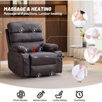 Sillón reclinable manual extra ancho con masaje y calor, sillón deslizante de cuero sintético con portavasos para sala de estar, negro/marrón/marrón oscuro