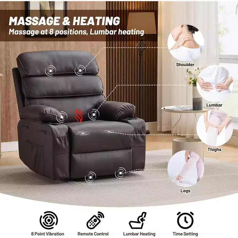 Sillón reclinable manual extra ancho con masaje y calor, sillón deslizante de cuero sintético con portavasos para sala de estar, negro/marrón/marrón oscuro