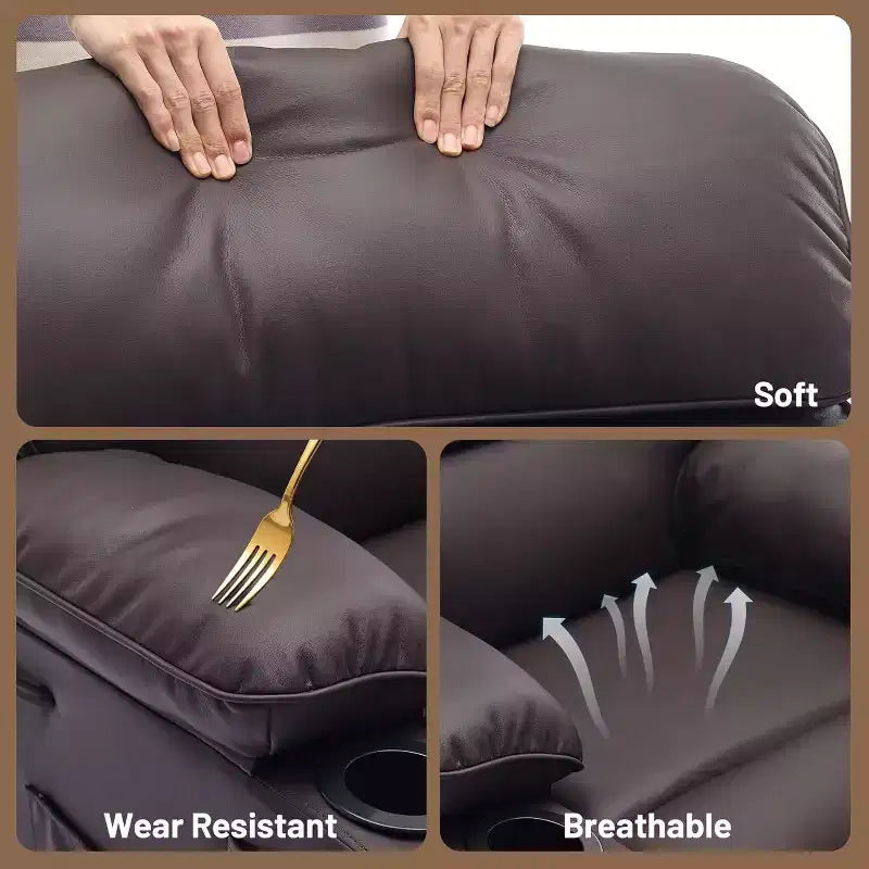 Sillón reclinable manual extra ancho con masaje y calor, sillón deslizante de cuero sintético con portavasos para sala de estar, negro/marrón/marrón oscuro