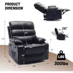 Sillón reclinable manual extra ancho con masaje y calor, sillón deslizante de cuero sintético con portavasos para sala de estar, negro/marrón/marrón oscuro