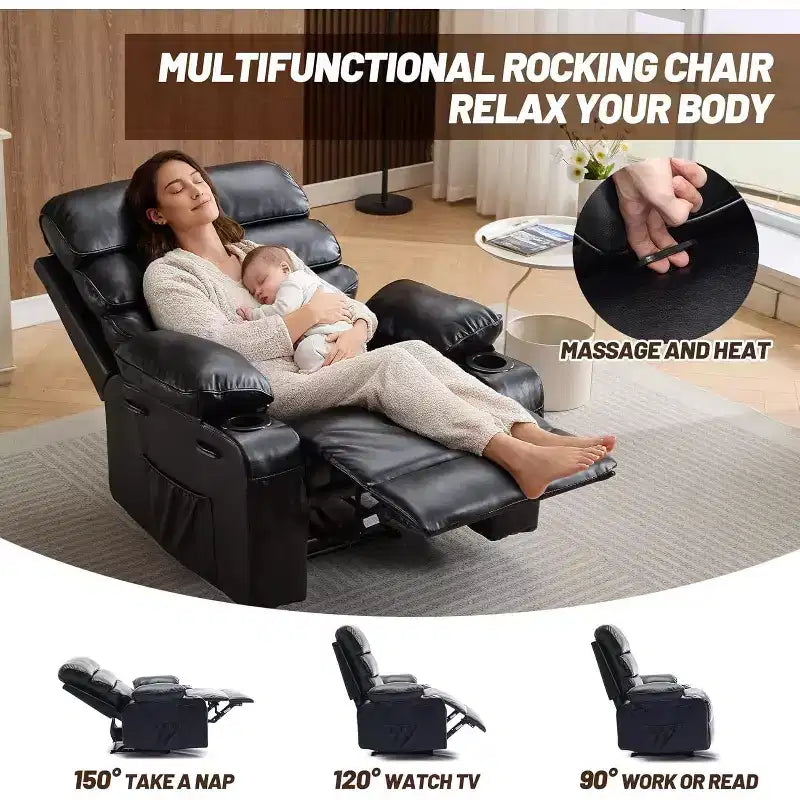 Sillón reclinable manual extra ancho con masaje y calor, sillón deslizante de cuero sintético con portavasos para sala de estar, negro/marrón/marrón oscuro