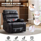 Sillón reclinable manual extra ancho con masaje y calor, sillón deslizante de cuero sintético con portavasos para sala de estar, negro/marrón/marrón oscuro