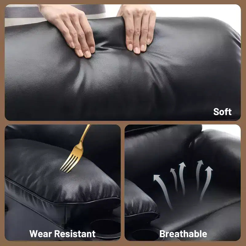 Sillón reclinable manual extra ancho con masaje y calor, sillón deslizante de cuero sintético con portavasos para sala de estar, negro/marrón/marrón oscuro