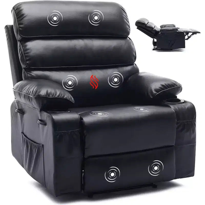 Sillón reclinable manual extra ancho con masaje y calor, sillón deslizante de cuero sintético con portavasos para sala de estar, negro/marrón/marrón oscuro