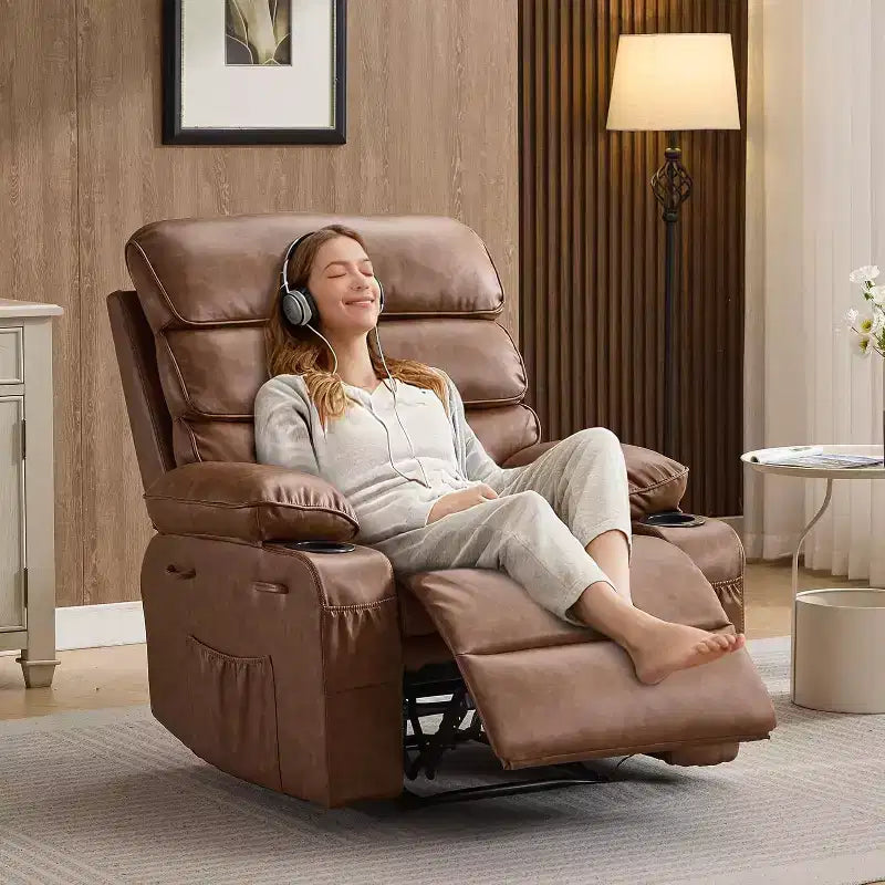 Sillón reclinable manual extra ancho con masaje y calor, sillón deslizante de cuero sintético con portavasos para sala de estar, negro/marrón/marrón oscuro