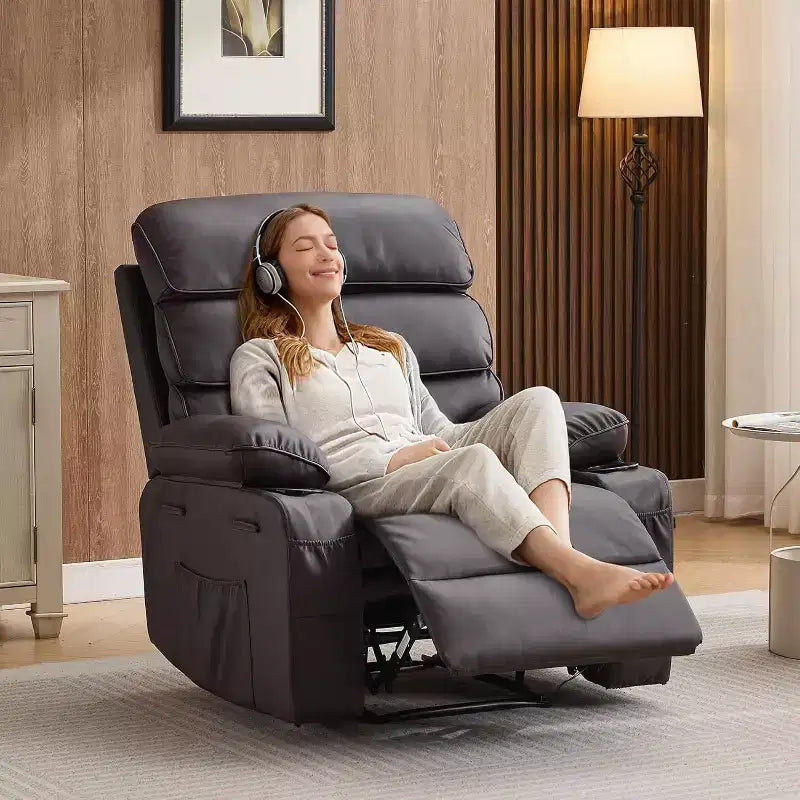 Sillón reclinable manual extra ancho con masaje y calor, sillón deslizante de cuero sintético con portavasos para sala de estar, negro/marrón/marrón oscuro