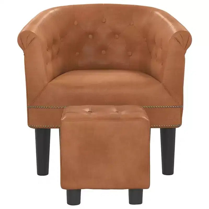 Sillón individual moderno de piel sintética dorada con asiento, respaldo y apoyabrazos acolchados