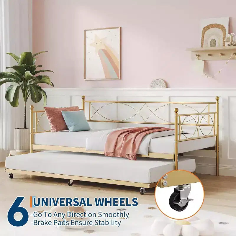 Cama nido doble de metal con colchón adicional, estructura resistente, ruedas con freno y listones de metal. Ideal para dormitorio, habitación de invitados o sala de estar.