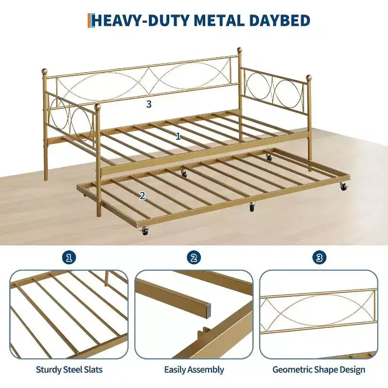 Cama nido doble de metal con colchón adicional, estructura resistente, ruedas con freno y listones de metal. Ideal para dormitorio, habitación de invitados o sala de estar.