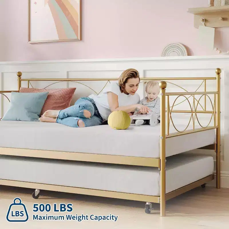 Cama nido doble de metal con colchón adicional, estructura resistente, ruedas con freno y listones de metal. Ideal para dormitorio, habitación de invitados o sala de estar.