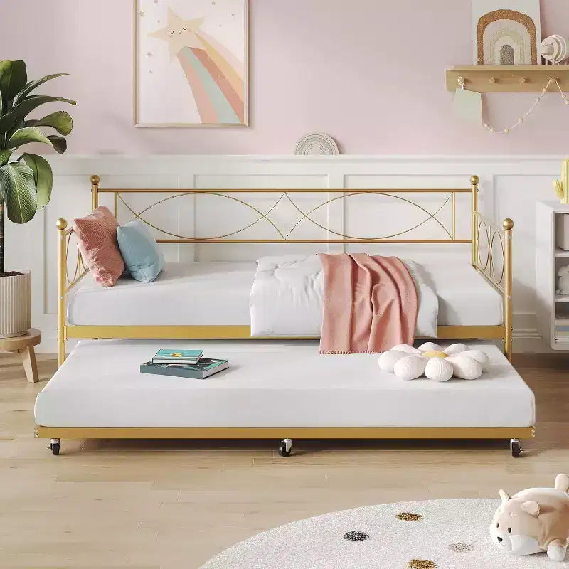 Cama nido doble de metal con colchón adicional, estructura resistente, ruedas con freno y listones de metal. Ideal para dormitorio, habitación de invitados o sala de estar.